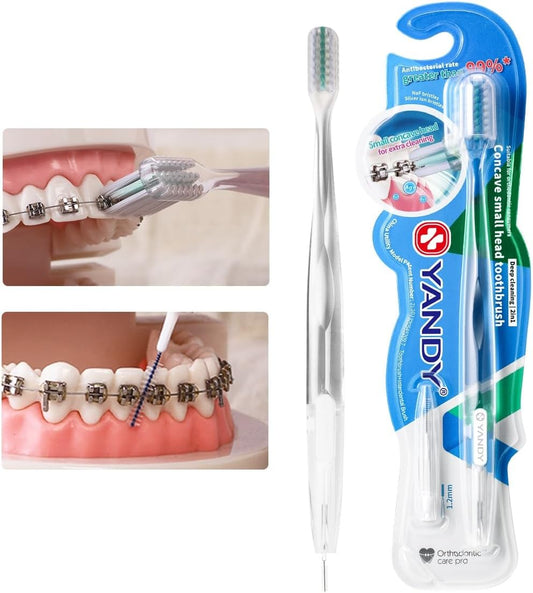 YANDY Concave Orthodontic Toothbrush for Braces Brackets, Pack of 1,Tail Self-Contained Interdental Brush, Soft Bristles
