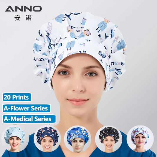 ANNO Cotton Caps Women Hospital Doctor Nurse Work Hats Bouffant Nursing Cap with Sweatband Long Hair Head Wear Chlorine Bleach