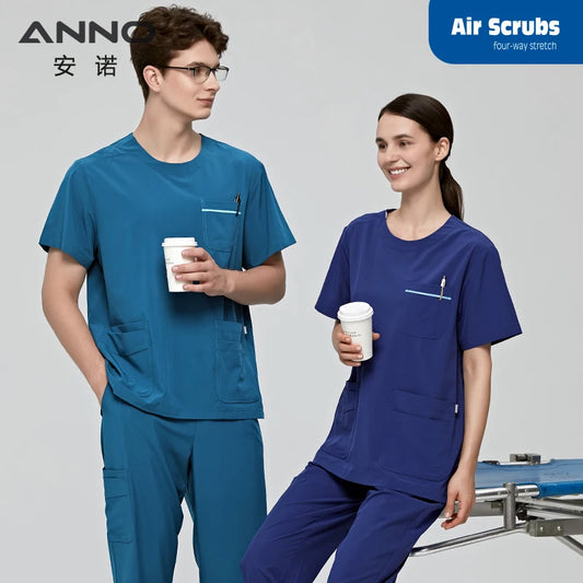 ANNO Scrubs Set with Spandex Hospital Work Nursing Uniform Quality Stretch Fabric surgical Suit Unisex Nurse Dental Clothing