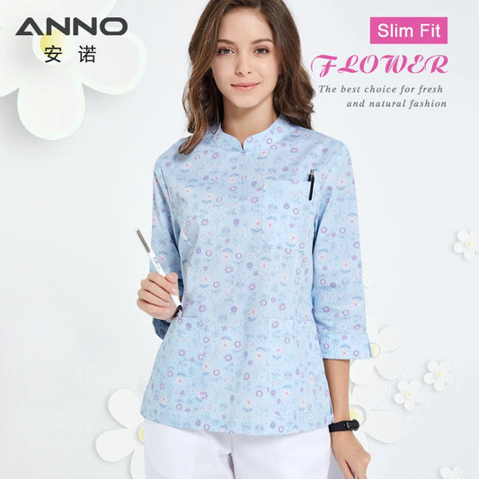 ANNO Hospital Staff Scrubs Three Quarters Sleeves Nursing Uniform for Female Dental Clinic Paramedic Suit Beautician Uniforms