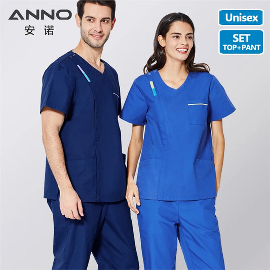 ANNO Scrubs Set with Contrast Color Nursing Scrub Suit Women Men Nurse Uniform Blue Clothing Clinic Uniforms