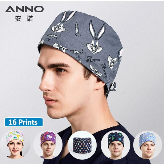 ANNO Disposable Cotton Caps Women Man Hat Clinic Hospital Doctor Nurse Work Hat Bouffant Printing Nursing Cap with Sweatband