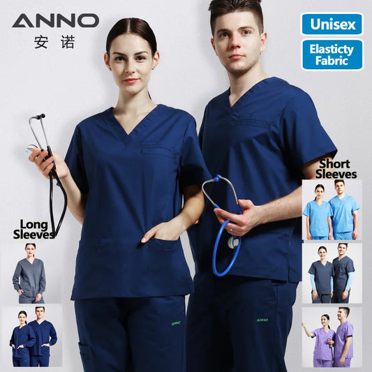ANNO Elasticity Cotton Spandex Body Nurse Uniform For Women Men Scrubs Suit Dental Hospital Set Work Wear Beauty Salon Clothing