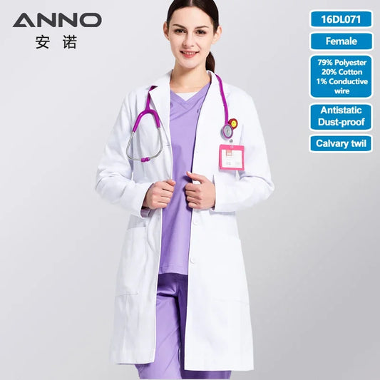 ANNO Anti-Static Lab Uniforms Calvary Twill Fabric Work Out Wear Pharmacy White Coats Doctor Hospital Clinic Gown Out Clothing 16DL071-Female