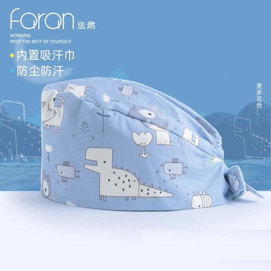 Faran Cotton Scrub Caps Women Men Dentist Hospital Doctor Work Surgical Hats Nursing Head Dress for Men Animal Carton Print FRH01-X020