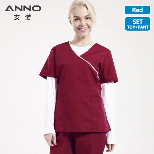 ANNO Adjustable Waist Nurse uniform Women Scrubs Set Nursing Form Dentistry Cloths Hospital Paramedic Clothes A05-Red-Set