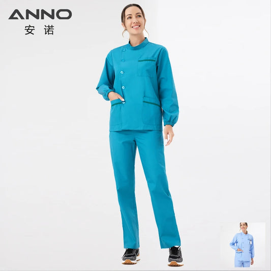 ANNO Standing Collar Paramedic Dental Coveralls Long Sleeves Medical Scrubs Set Nurse Tunic Hospital Nursing Staff Uniforms