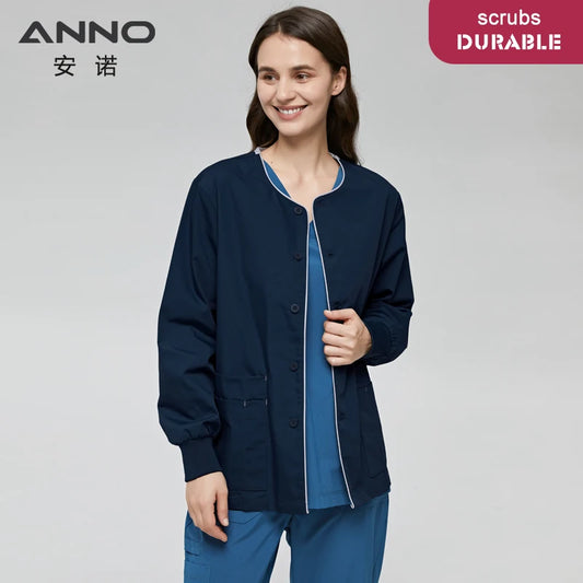 Long Sleeves Scrubs Jacket Pretty Outfit Nurse Out Coat Doctor Shirt Hospital Nursing Staff Uniforms Autumn Winter Work Wear A10-Dark Blue