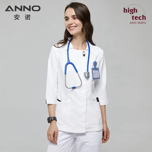 ANNO White Scrubs Set Antibacterial Anti-static with 1% Conductive Nursing Nurse Suit Hospital Dress Clothes Paramedic Uniforms A30- White-Set