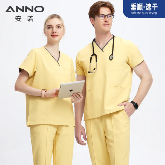 ANNO New Smooth and Fast Drying Medical Scrub Suit Anti-static Nurse Uniforms Doctor Men's and Women's Work Clothes Dental Cover Yellow-Set