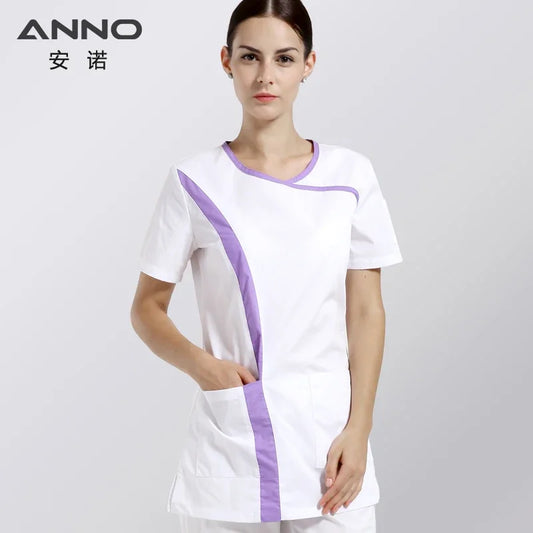 ANNO White Short Sleeves Nurse Uniforms Cotton Scrubs For Women Slim Fit O Neck Summer Beauty Salon Uniforms Clothing