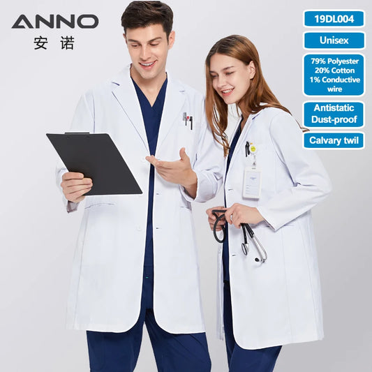 ANNO Anti-Static Lab Uniforms Out Fit Work Out Wear Unisex Pharmacy White Coat Chemistry Male Female White Doctor Clinic Gown 19DL004-Unisex
