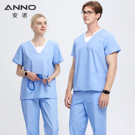 ANNO Blue Scrubs Clothes Nurse Uniforms Pretty Dental Suit Hospital Clothing Sets Tops Bottoms Summer Work Suit A12-Set