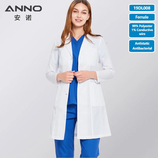 White Doctor Coats 99%Polyester 1%Conductive wire Antibacterial Anti-static Lab Uniforms Hospital Pharmacy Chemistry Gown 19DL008-Female