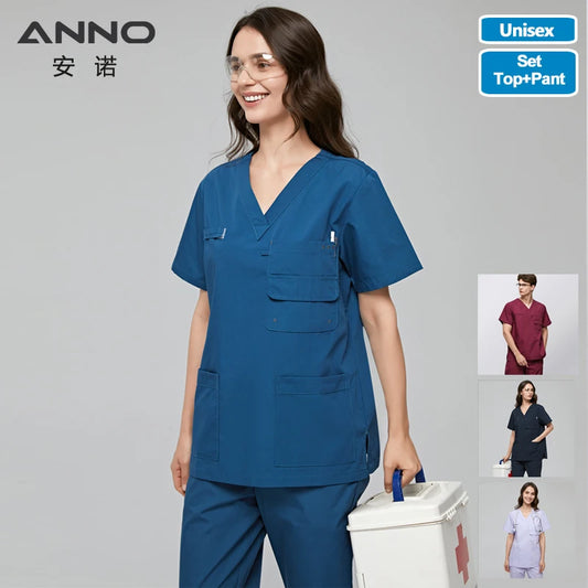 ANNO Multiple Pockets Scrubs Set Work Uniform Hospital Classic Form Foctor Woman Man Nursing Wear Dental Clothing