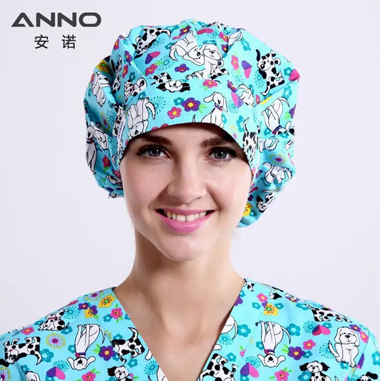 ANNO Cotton Caps Women Hospital Doctor Nurse Work Hats Bouffant Nursing Cap with Sweatband Long Hair Head Wear Chlorine Bleach 01A-B02