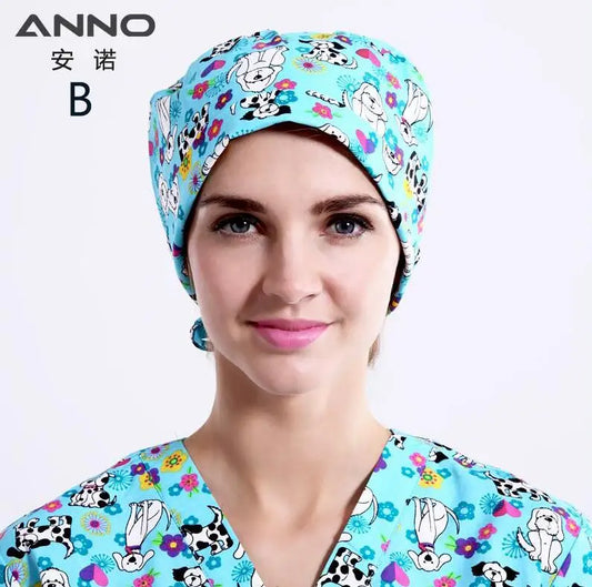 ANNO Cotton Scrub Caps Women Hospital Doctor Nurse Work Hats Nursing Cap Short or Long Hair Head Wear Animal Carton Print 01B-B02