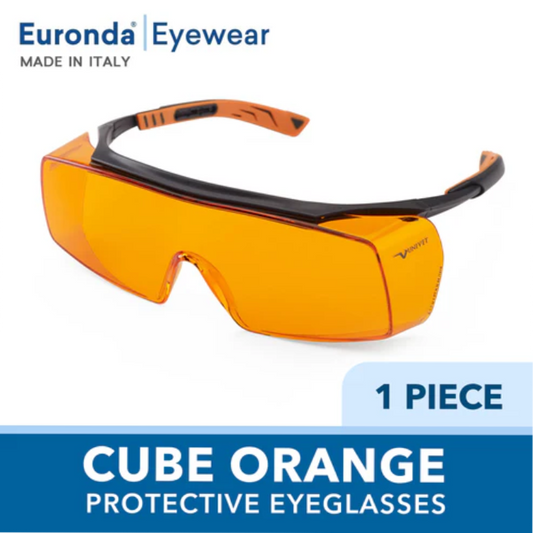 Cube Orange Protective Over-Eyeglasses | UV400 & Blue Light Protection | Anti-Fog & Anti-Scratch Safety Eyewear | Euronda Monoart