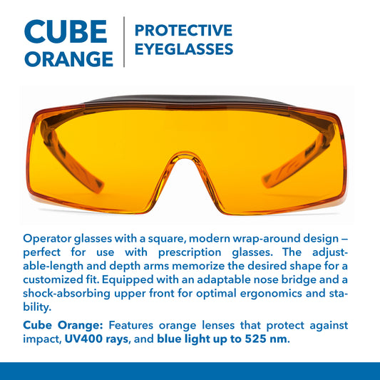 Cube Orange Protective Over-Eyeglasses | UV400 & Blue Light Protection | Anti-Fog & Anti-Scratch Safety Eyewear | Euronda Monoart