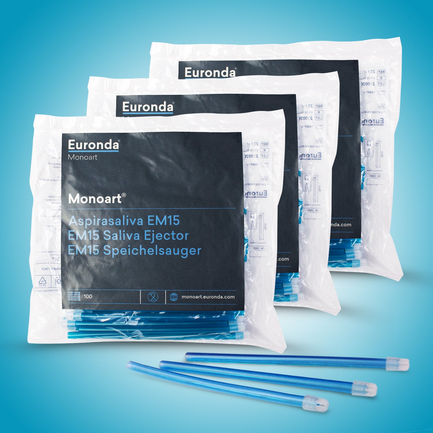 Saliva Ejector | Euronda Monoart (3 PACKS BUNDLE PROMO) – Made in Italy | Non-toxic PVC, Phthalate-free (PROS APAC Dental) Blue Lagoon
