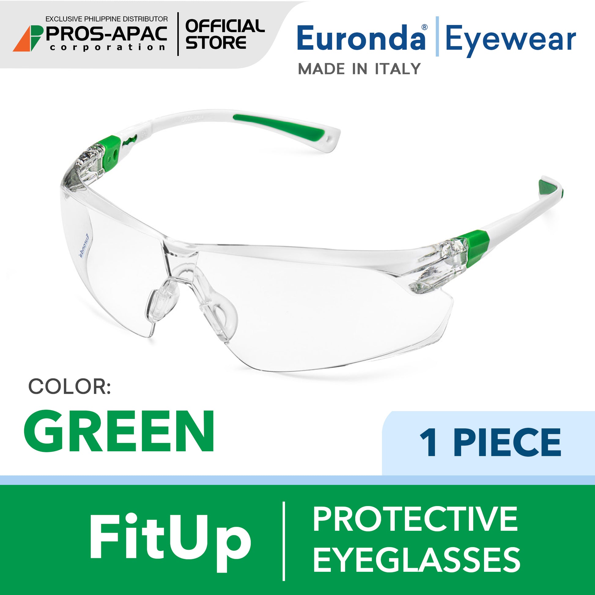 Fit Up Protective Safety Eyeglasses Anti-Fog & Anti-Scratch Eyewear | Euronda Monoart PROS APAC GREEN