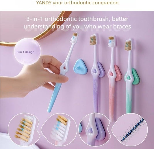 YANDY Orthodontic Toothbrush,Self-contained Push-Pull interdental Brush at The end,Wall Mounted Storage Design,Soft Bristles,2 Count