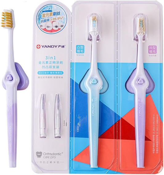 YANDY Orthodontic Toothbrush,Self-contained Push-Pull interdental Brush at The end,Wall Mounted Storage Design,Soft Bristles,2 Count