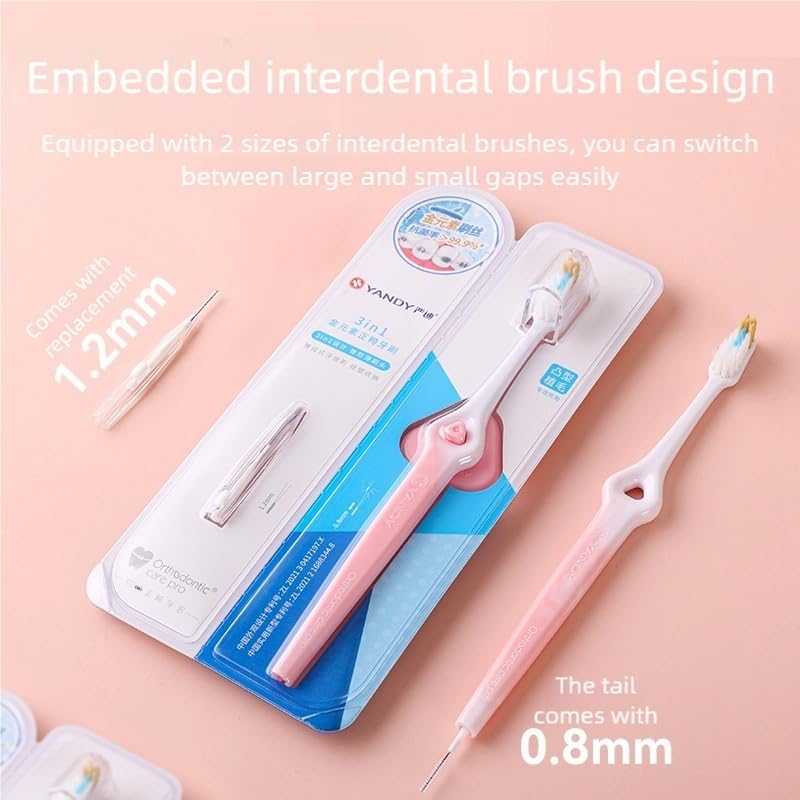 YANDY Orthodontic Toothbrush,Self-contained Push-Pull interdental Brush at The end,Wall Mounted Storage Design,Soft Bristles,2 Count