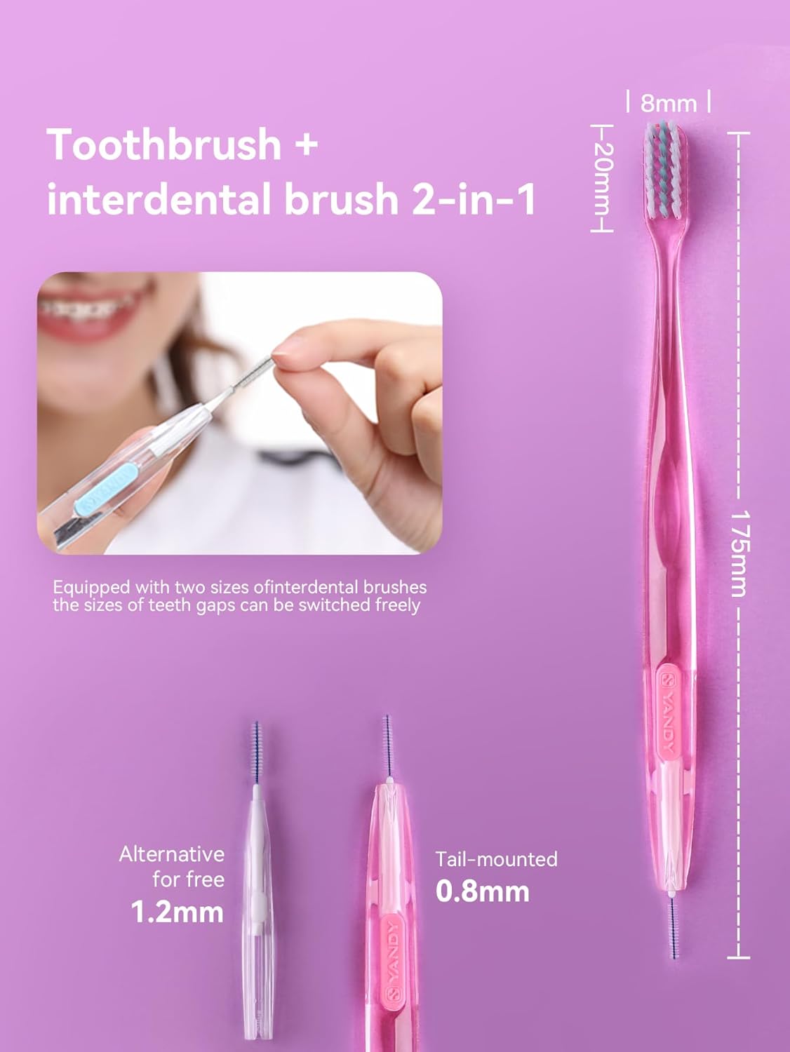 YANDY Concave Orthodontic Toothbrush for Braces Brackets, Pack of 1,Tail Self-Contained Interdental Brush, Soft Bristles