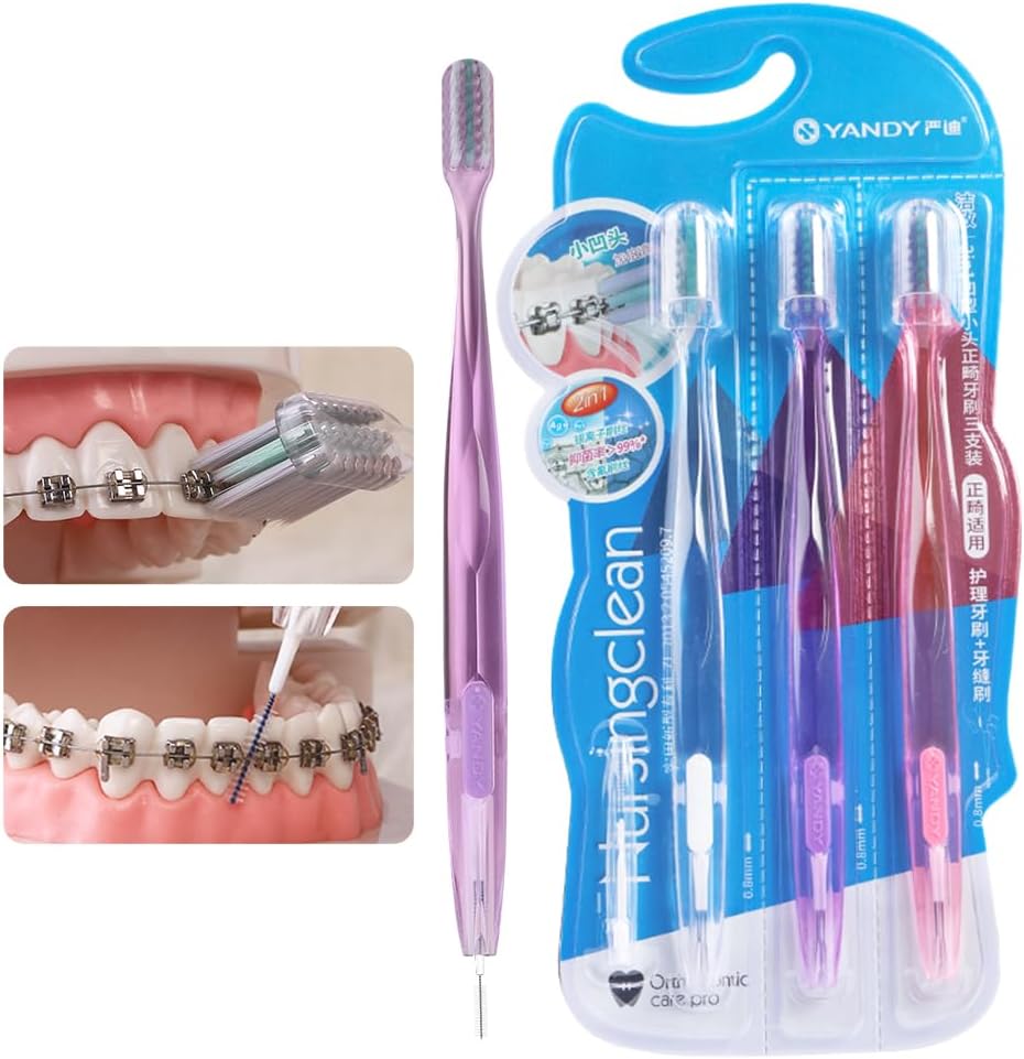 YANDY Concave Orthodontic Toothbrush for Braces Brackets, Pack of 3,Tail Self-Contained Interdental Brush, Soft Bristles