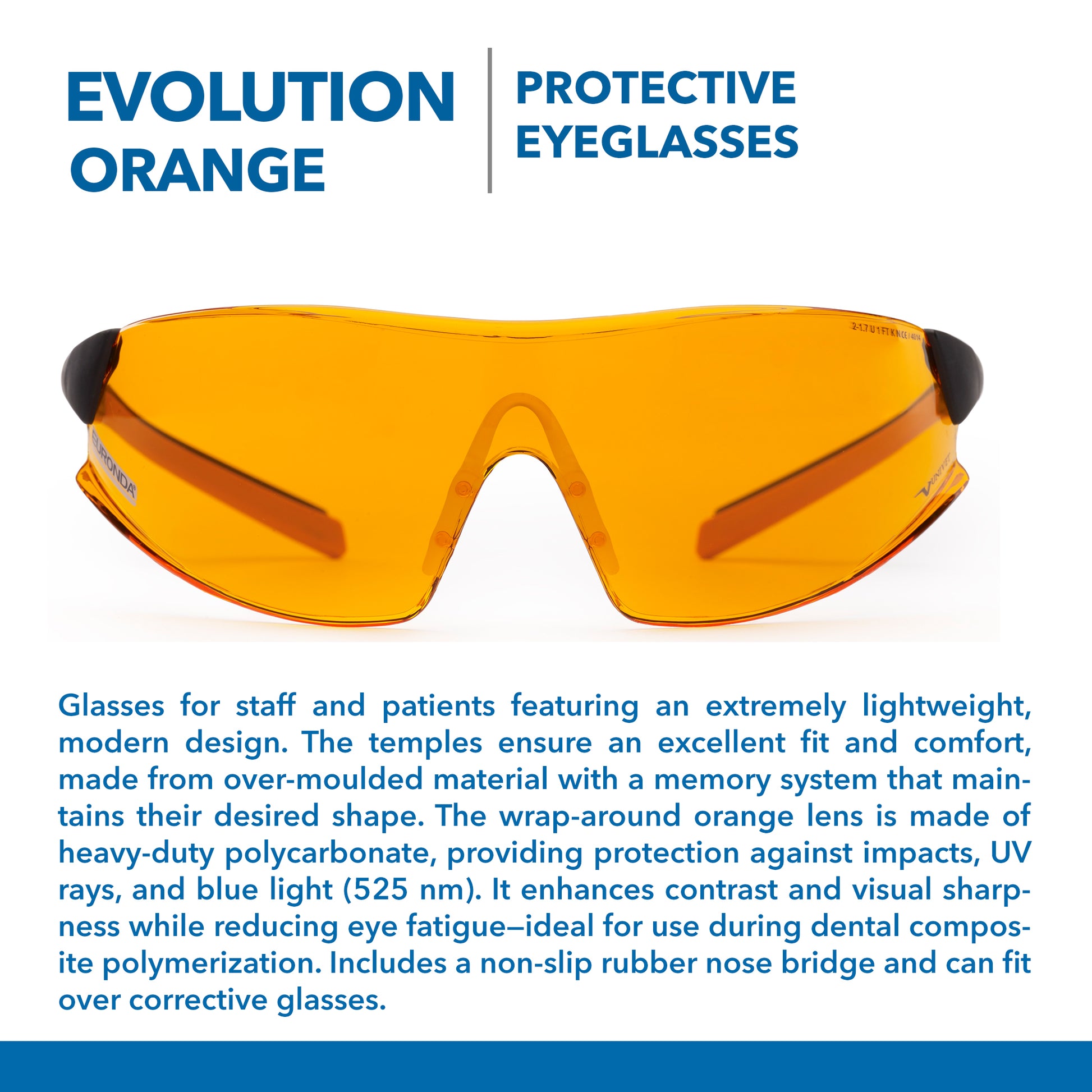 Evolution Orange Protective Eyeglasses | UV400 & Blue Light Protection | Lightweight Anti-Fog & Anti-Scratch Safety Eyewear | Euronda Monoart