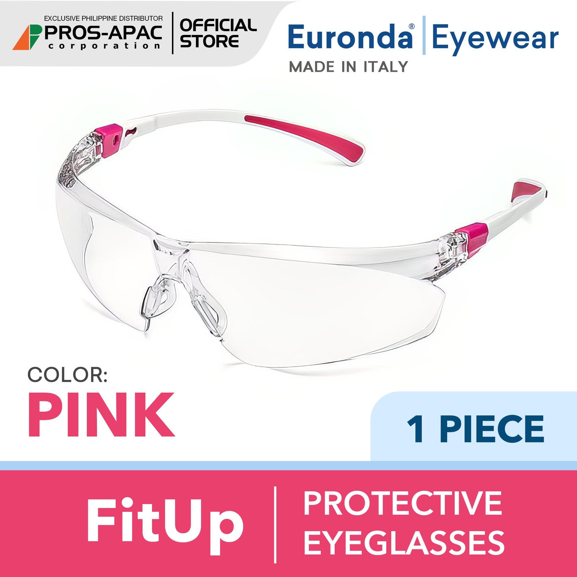 Fit Up Protective Safety Eyeglasses Anti-Fog & Anti-Scratch Eyewear | Euronda Monoart PROS APAC PINK