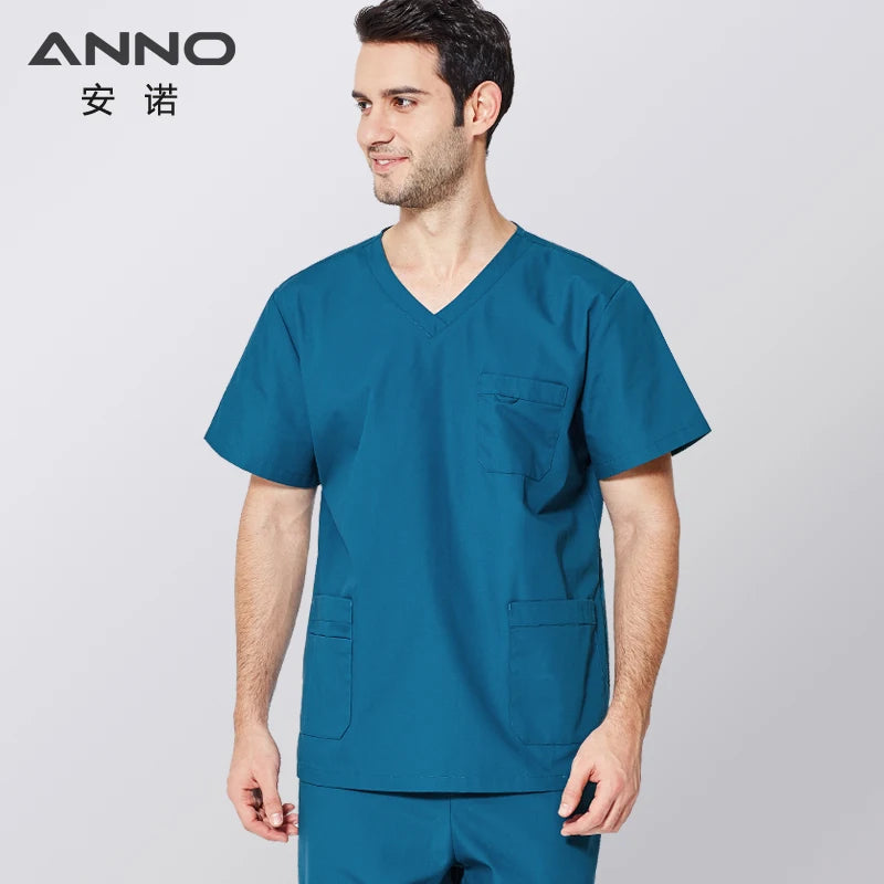 ANNO Scrubs Set with Short Sleeves Unisex Nursing Scrub Suit Women Men Nurse Uniform Clothing Clinic Uniforms Hospital Grown
