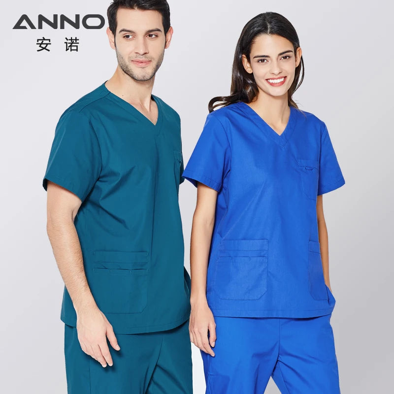 ANNO Scrubs Set with Short Sleeves Unisex Nursing Scrub Suit Women Men Nurse Uniform Clothing Clinic Uniforms Hospital Grown