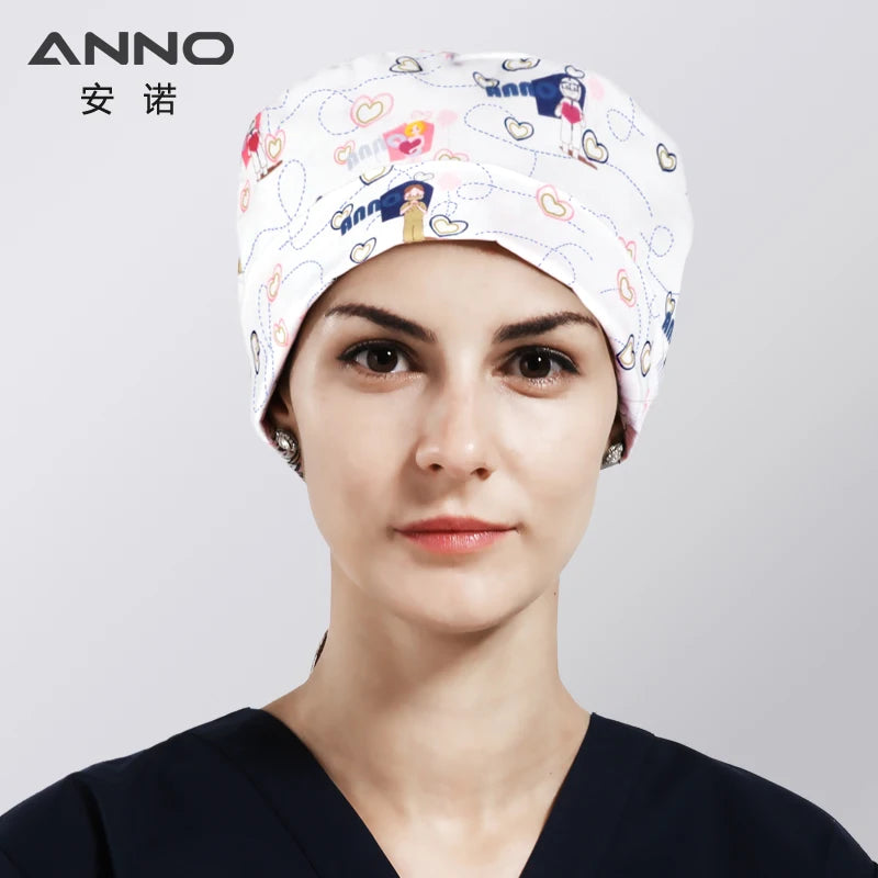 ANNO Cotton Scrub Caps Women Hospital Doctor Nurse Work Hats Nursing Cap Short or Long Hair Head Wear Animal Carton Print