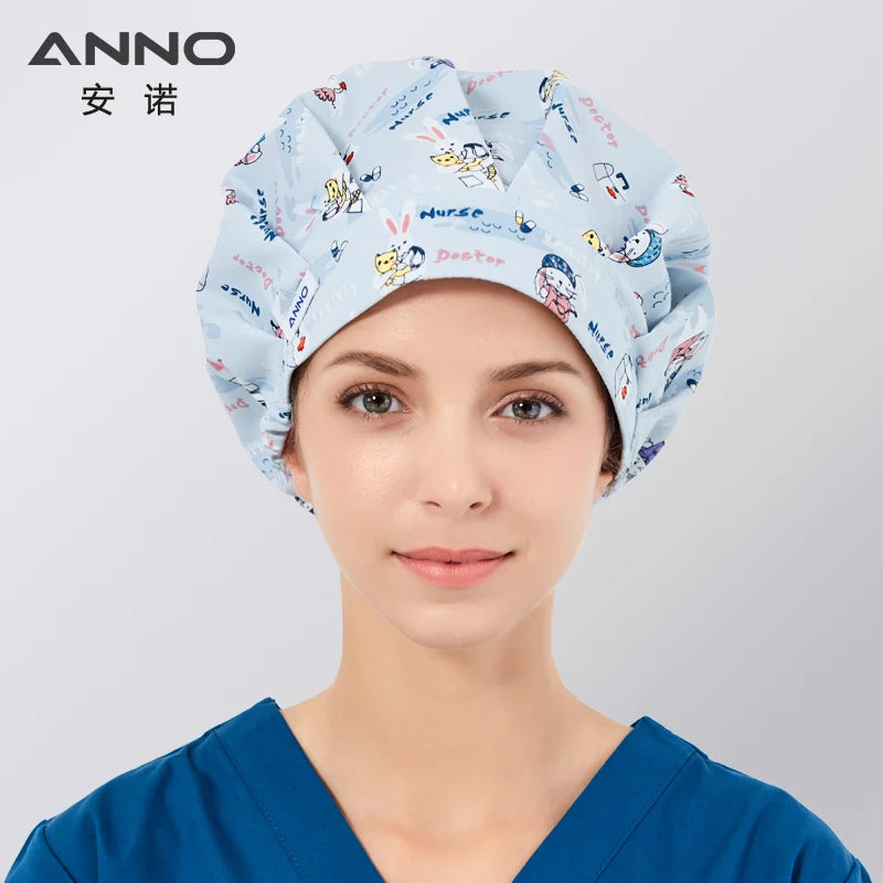 ANNO Cotton Caps Women Hospital Doctor Nurse Work Hats Bouffant Nursing Cap with Sweatband Long Hair Head Wear Chlorine Bleach