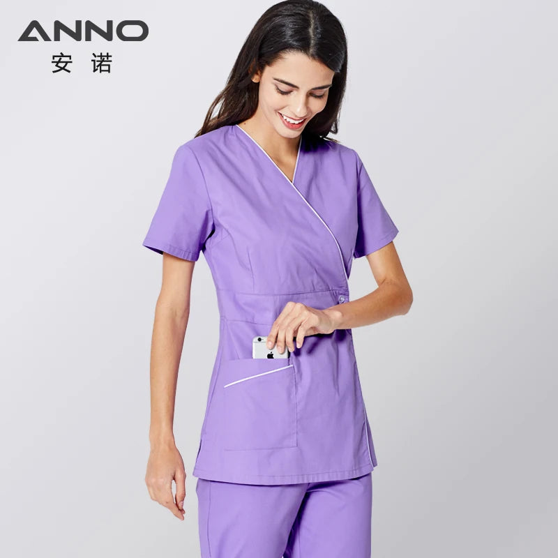 ANNO Scrubs Set Body Nurse Uniform For Women Clinical Clothing Shirt Pant Beauty Salon Wok Wear Nursing Gown