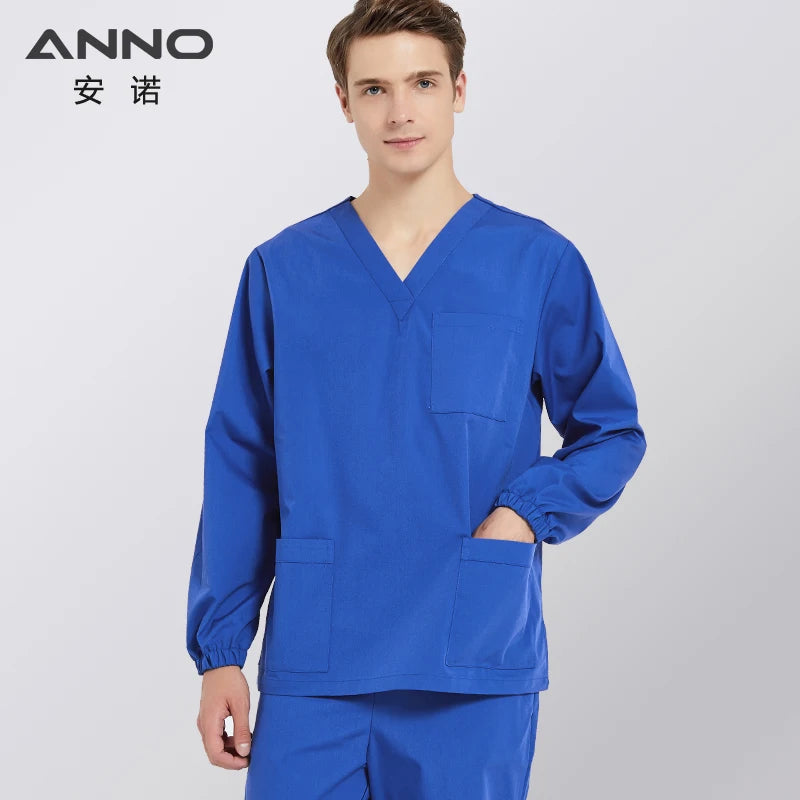 ANNO Solid Color Scrubs Set Work Cloths with Short/Long Sleeves Nursing Uniform Tops Trousers Nurse Suit Hospital Dress