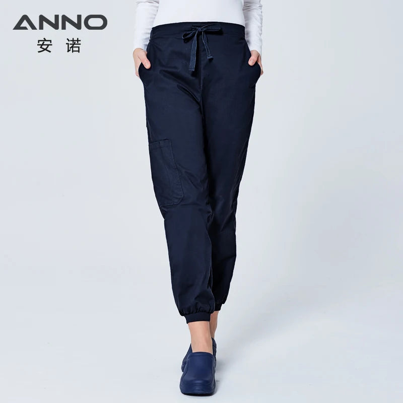 ANNO Work Trousers Doctor Nurse Uniform Bottoms Elastic Cuffs Dental Medical Clothing Scrub Nursing Pencil Jogger Pants
