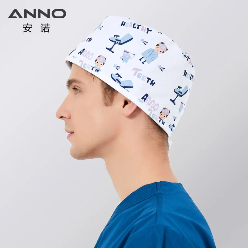 ANNO Disposable Cotton Caps Women Man Hat Clinic Hospital Doctor Nurse Work Hat Bouffant Printing Nursing Cap with Sweatband
