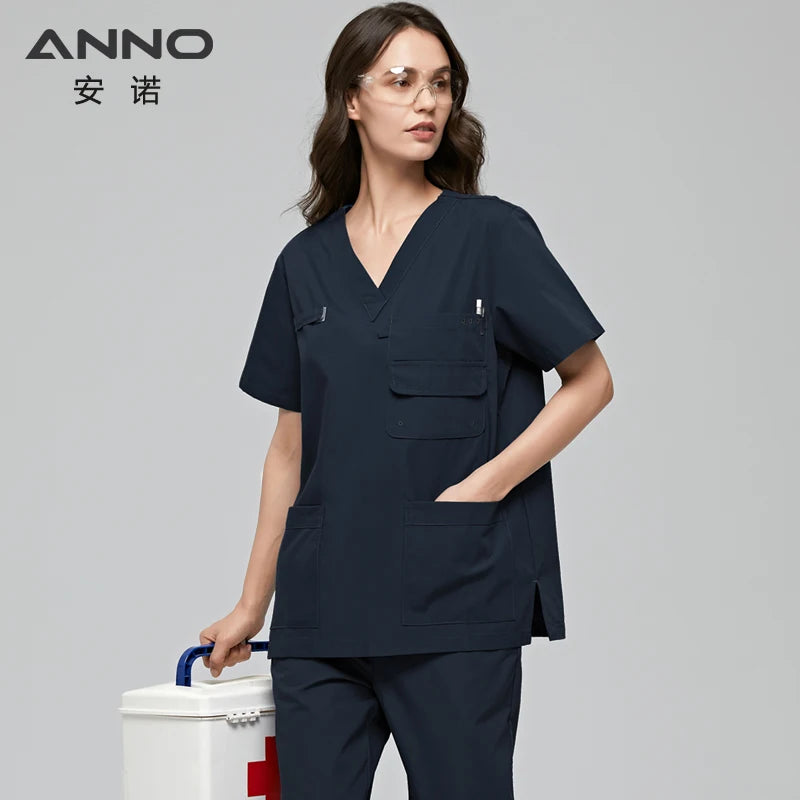 ANNO Multiple Pockets Scrubs Set Work Uniform Hospital Classic Form Foctor Woman Man Nursing Wear Dental Clothing