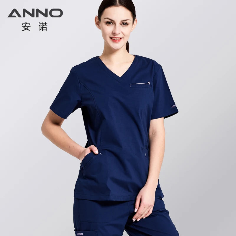 ANNO Cotton Scrubs Set Body Elasticity Nurse Uniform with Spandex Slim fit Fashion Nursing Dress Beauty Salon Work Wear