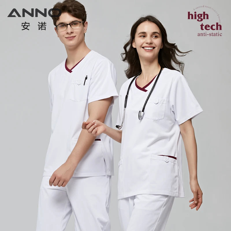 ANNO White Scrubs Set Anti-Static Professional Medical Clothes Nurse Staff Uniforms with 1% Conductive Wire Hospital Work Suit