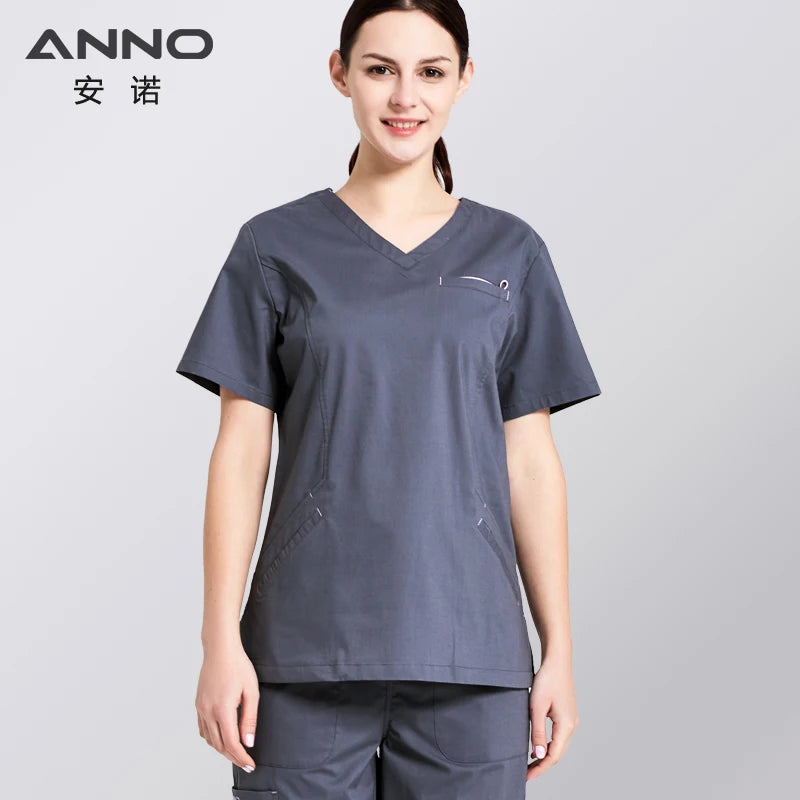ANNO Cotton Scrubs Set Body Elasticity Nurse Uniform with Spandex Slim fit Fashion Nursing Dress Beauty Salon Work Wear