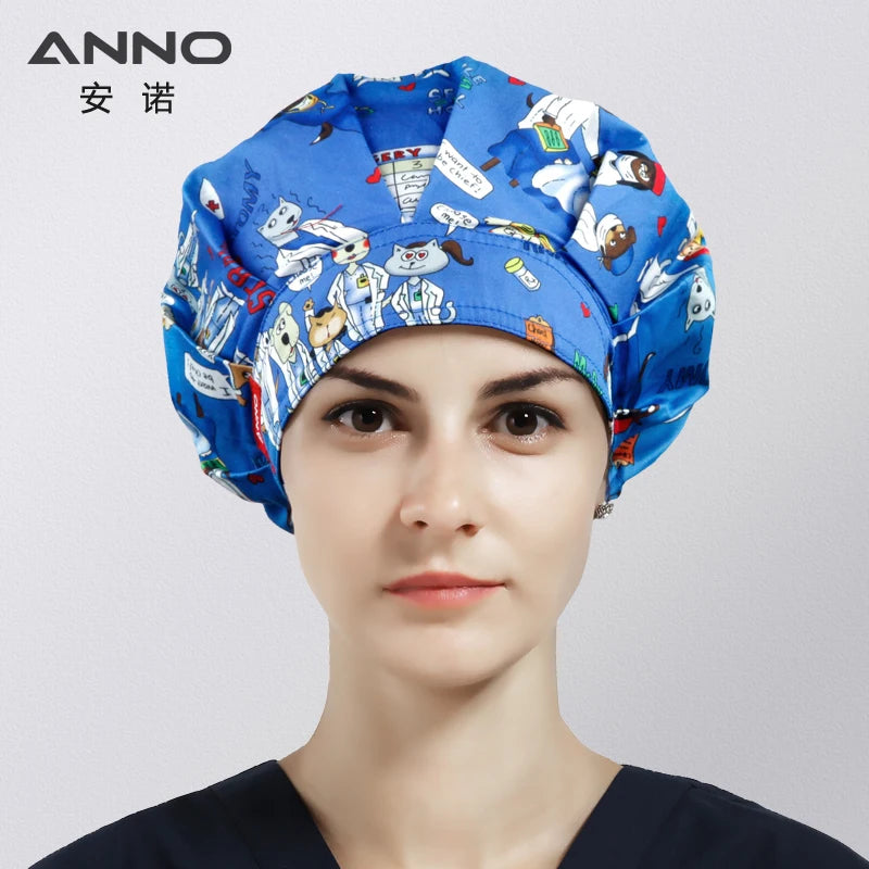 ANNO Cotton Caps Women Hospital Doctor Nurse Work Hats Bouffant Nursing Cap with Sweatband Long Hair Head Wear Chlorine Bleach