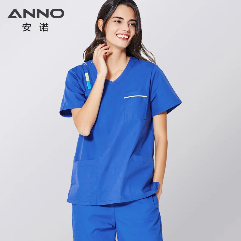ANNO Scrubs Set with Contrast Color Nursing Scrub Suit Women Men Nurse Uniform Blue Clothing Clinic Uniforms