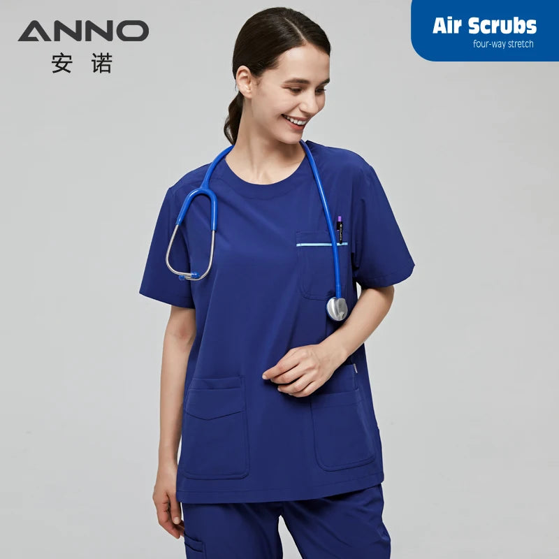 ANNO Scrubs Set with Spandex Hospital Work Nursing Uniform Quality Stretch Fabric surgical Suit Unisex Nurse Dental Clothing