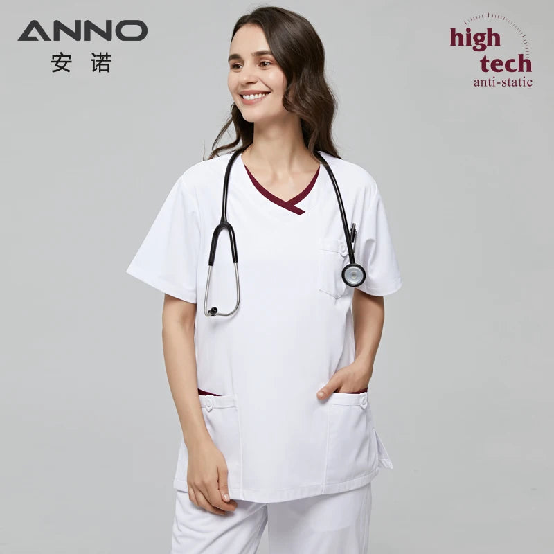ANNO White Scrubs Set Anti-Static Professional Medical Clothes Nurse Staff Uniforms with 1% Conductive Wire Hospital Work Suit