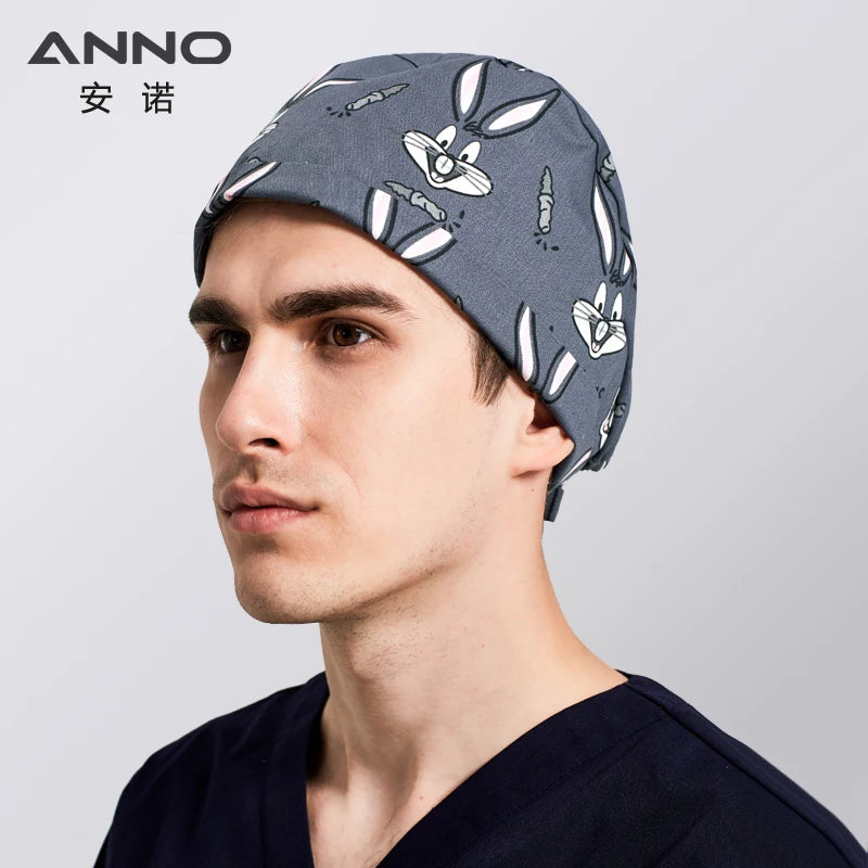 ANNO Cotton Scrub Caps Women Hospital Doctor Nurse Work Hats Nursing Cap Short or Long Hair Head Wear Animal Carton Print