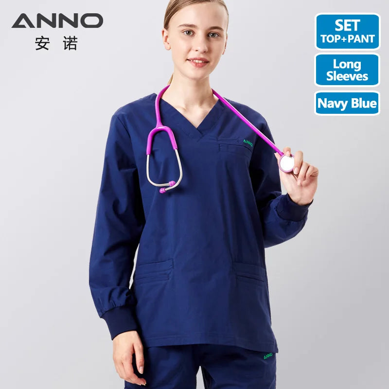 ANNO Elasticity Cotton Spandex Body Nurse Uniform For Women Men Scrubs Suit Dental Hospital Set Work Wear Beauty Salon Clothing